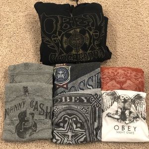 Men’s size large obey t shirts and 1 sweat shirt